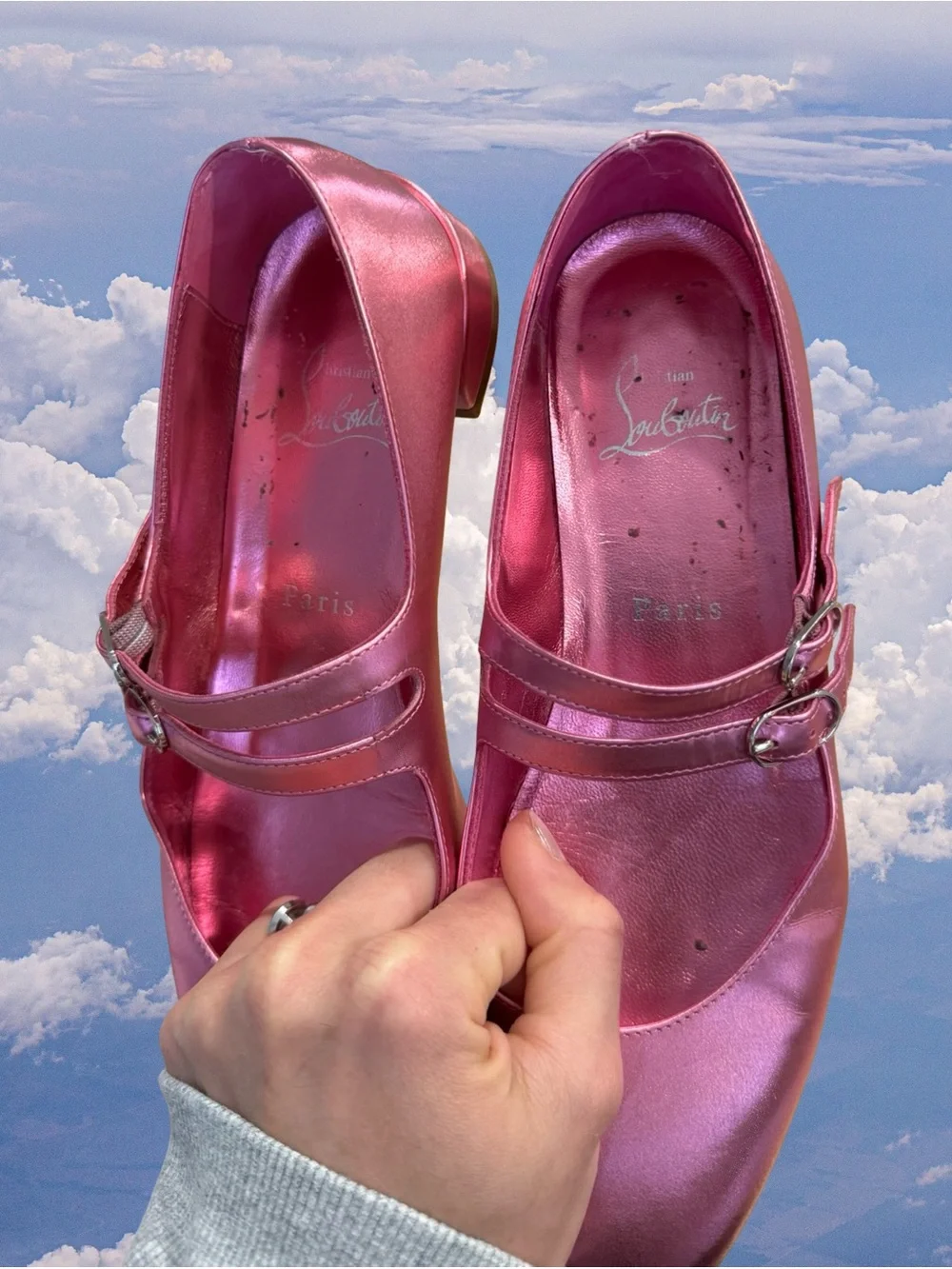 Christian Louboutin Metallic Rose Pink Double-Strap Mary Jane Flats